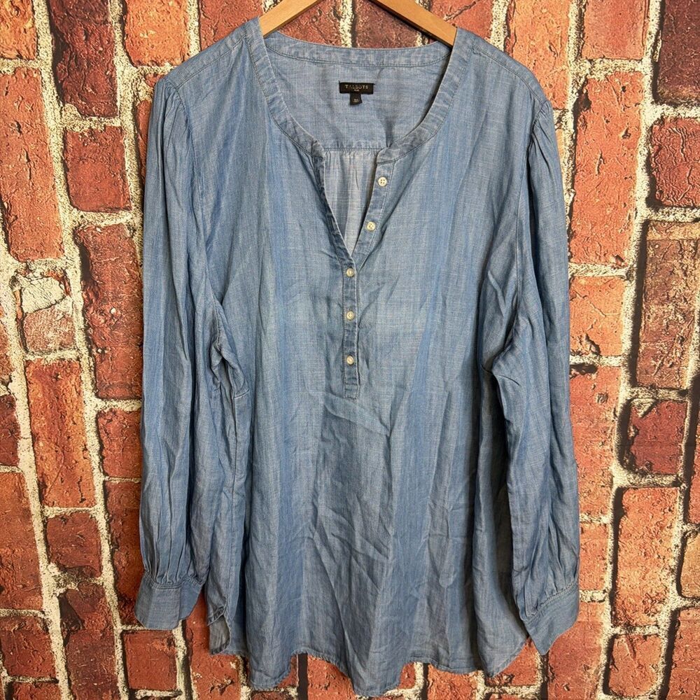 Talbots Women's Plus 3X Chambray Partial Button Front Full Button